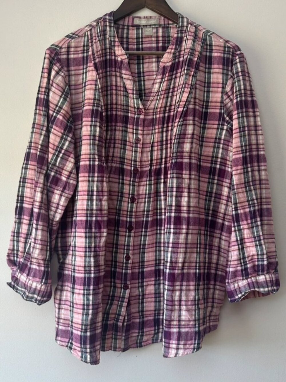 Woman Within Women’s 1X 22/24 Pink Purple Plaid Pintuck Button Front Blouse